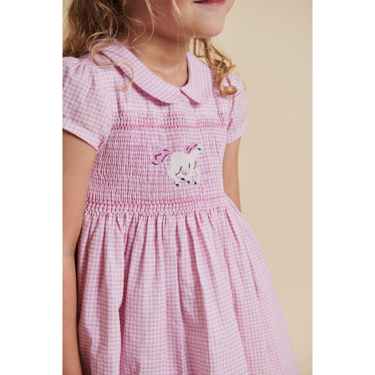 COPENHAGEN COLORS Syringa Comb. Houndstooth Dress W. Handmade Unicorn Embroidery And Smock