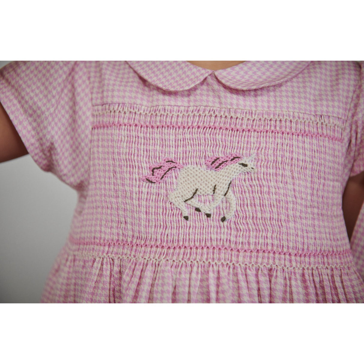 COPENHAGEN COLORS Syringa Comb. Houndstooth Dress W. Handmade Unicorn Embroidery And Smock