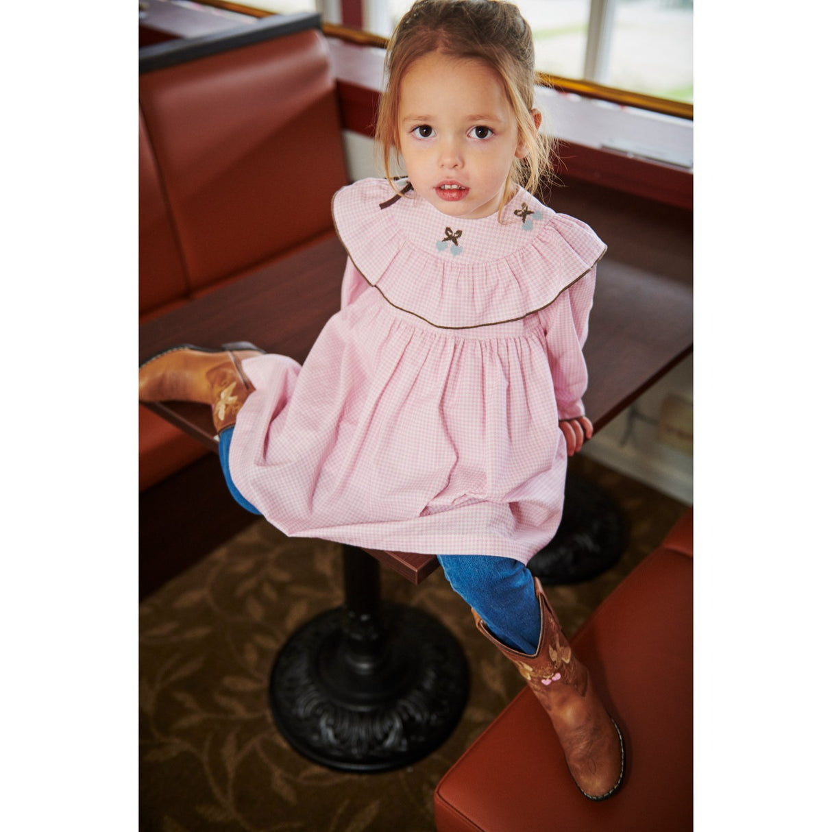 COPENHAGEN COLORS Syringa Comb. Houndstooth Frill Dress W. Embroidery