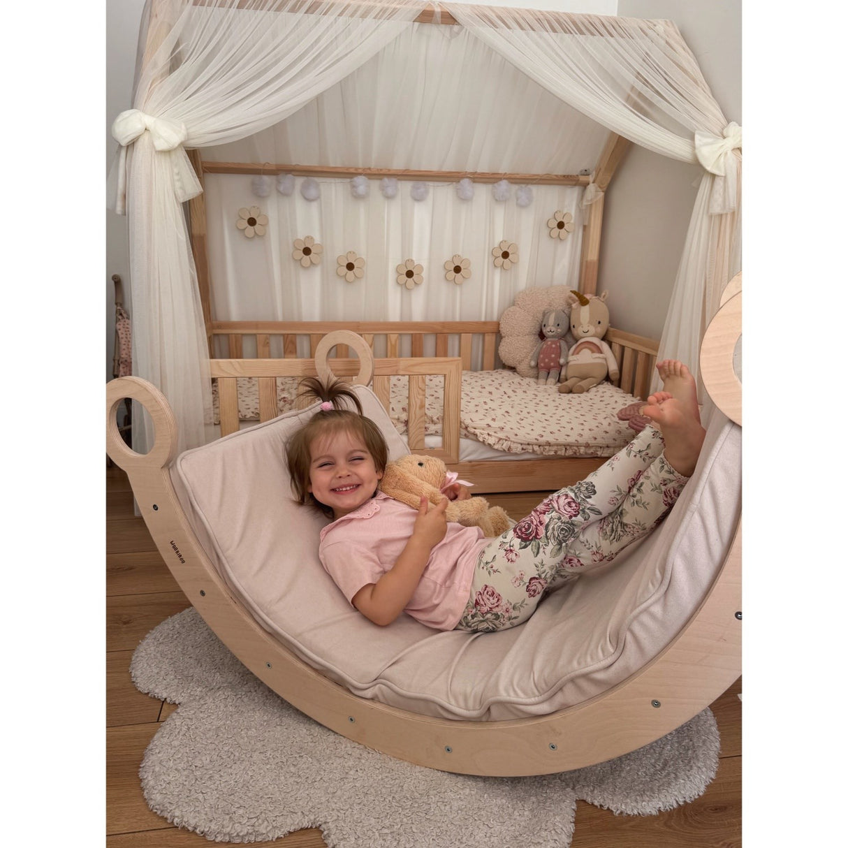 Woobiboo Natural Montessori Rocker With Beige Mattress And Slide-Climber L