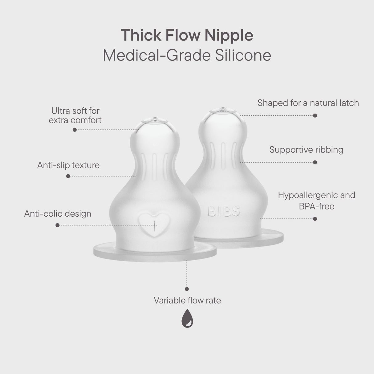 Bibs Baby Bottle Nipple Round Silicone 2-Pack Thick Flow