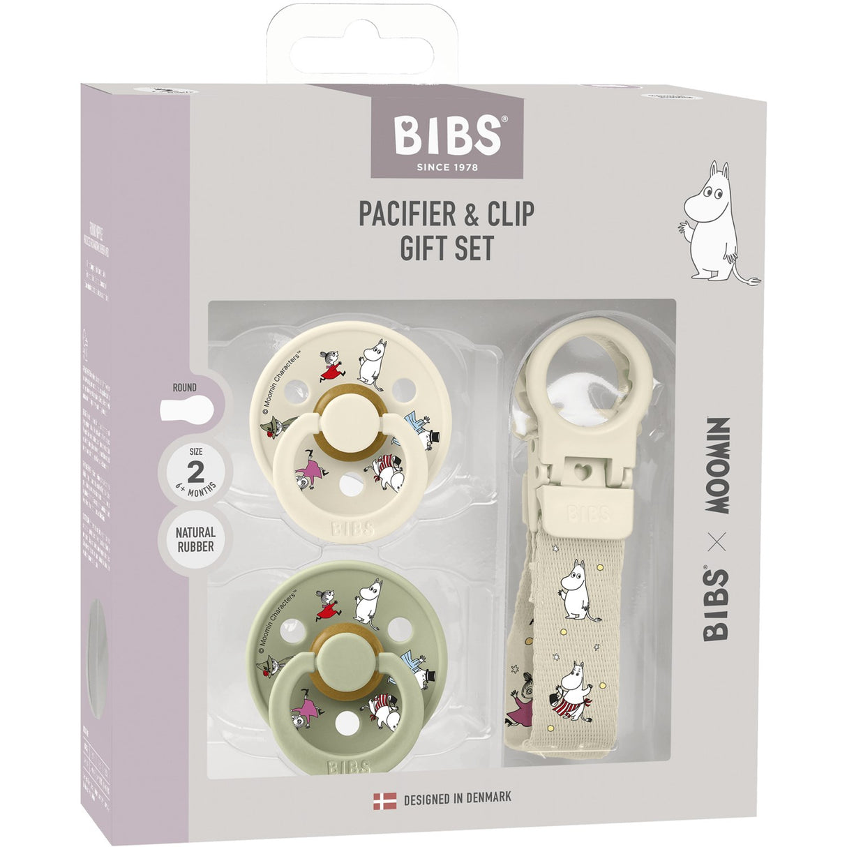 Bibs X Moomin Ivory/sage Colour Pacifier & Loop Clip Gift Set Latex