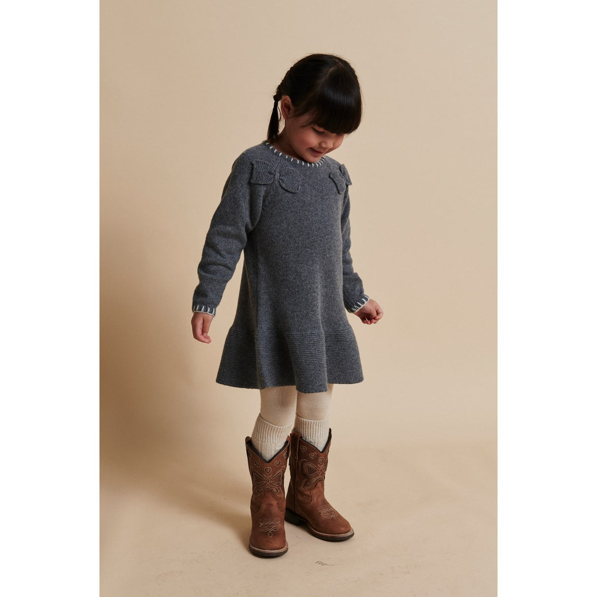 COPENHAGEN COLORS Dk Grey/Cream Comb. Lambswool Dress W. Bow