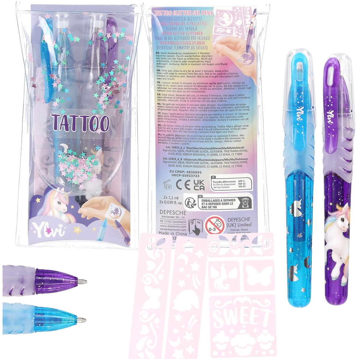 Ylvi Blue/Purple Tattoo Glitter Gel Pens