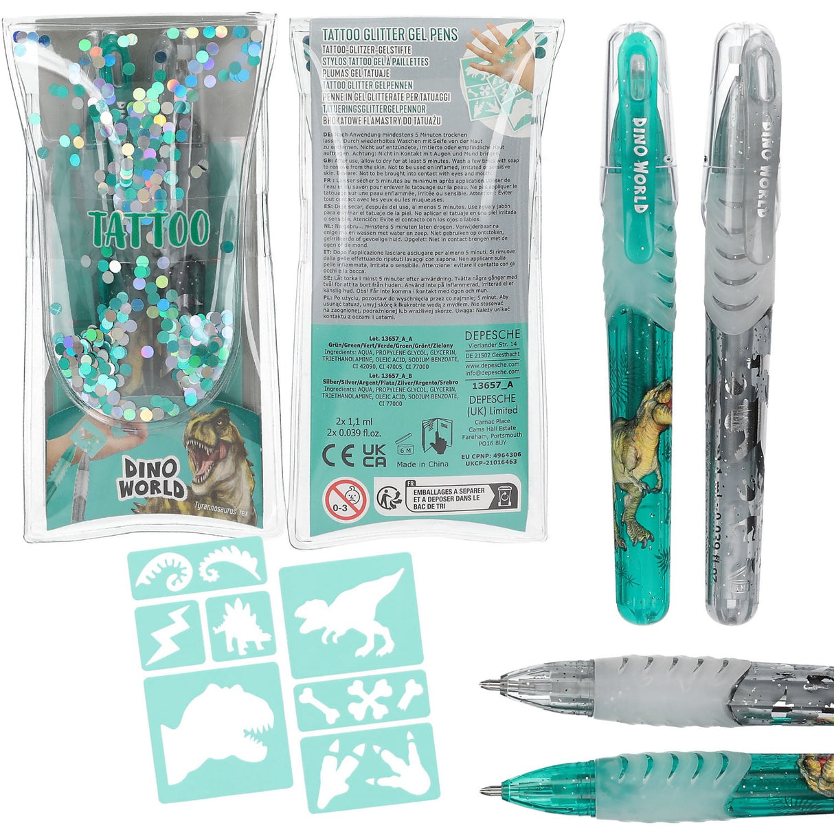 Dino World Blue/Silver Tatoo Glitter Gel Pens