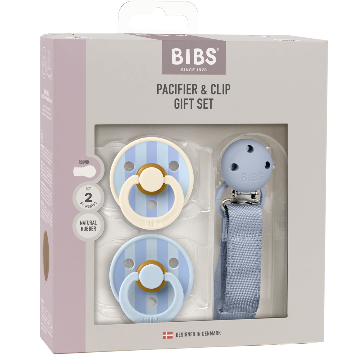 Bibs Dusty Blue Pacifier & Clip Gift Set Pin & Block Latex