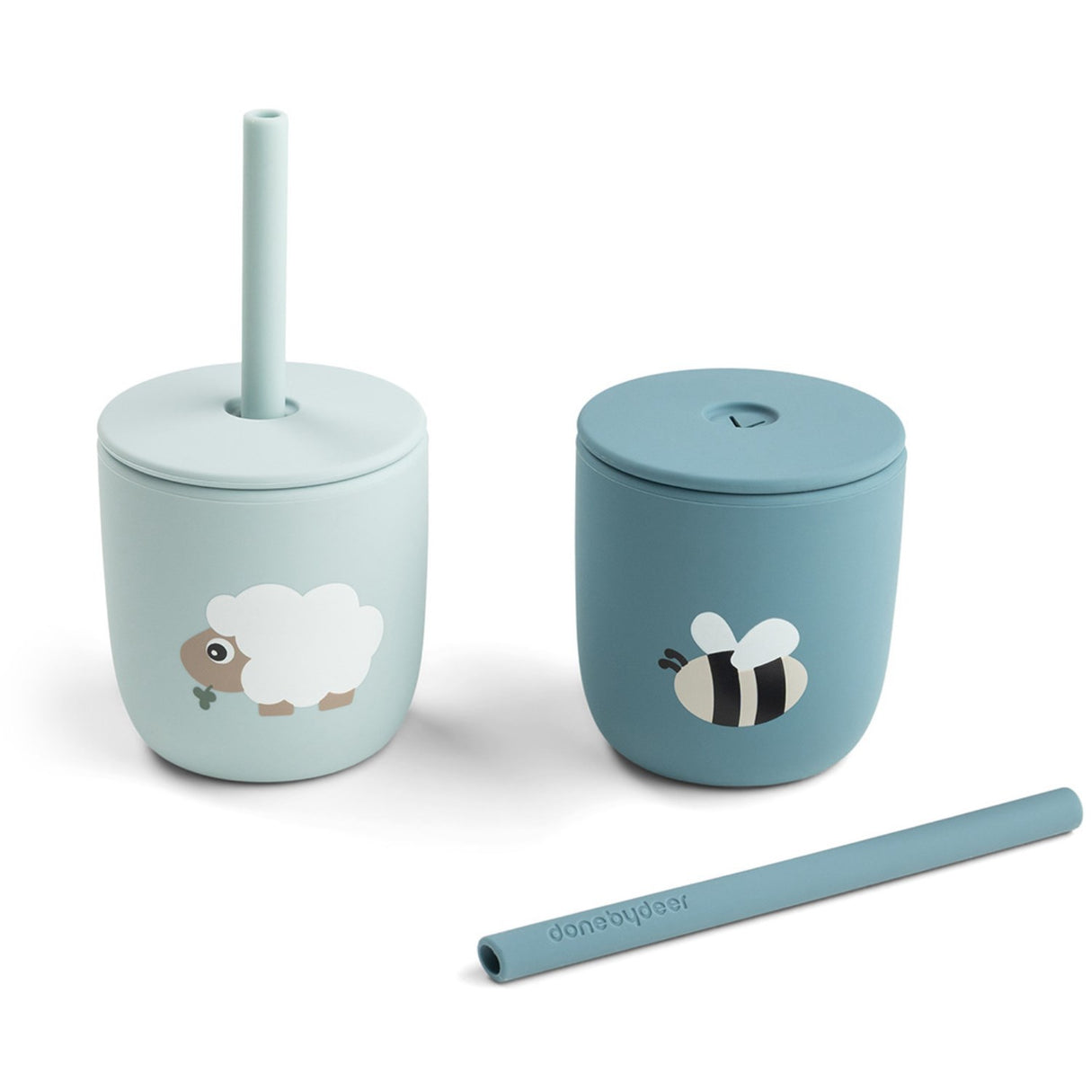 DonebyDeer Tiny Farm Blue Silicone Sugerørskop 2-Pack