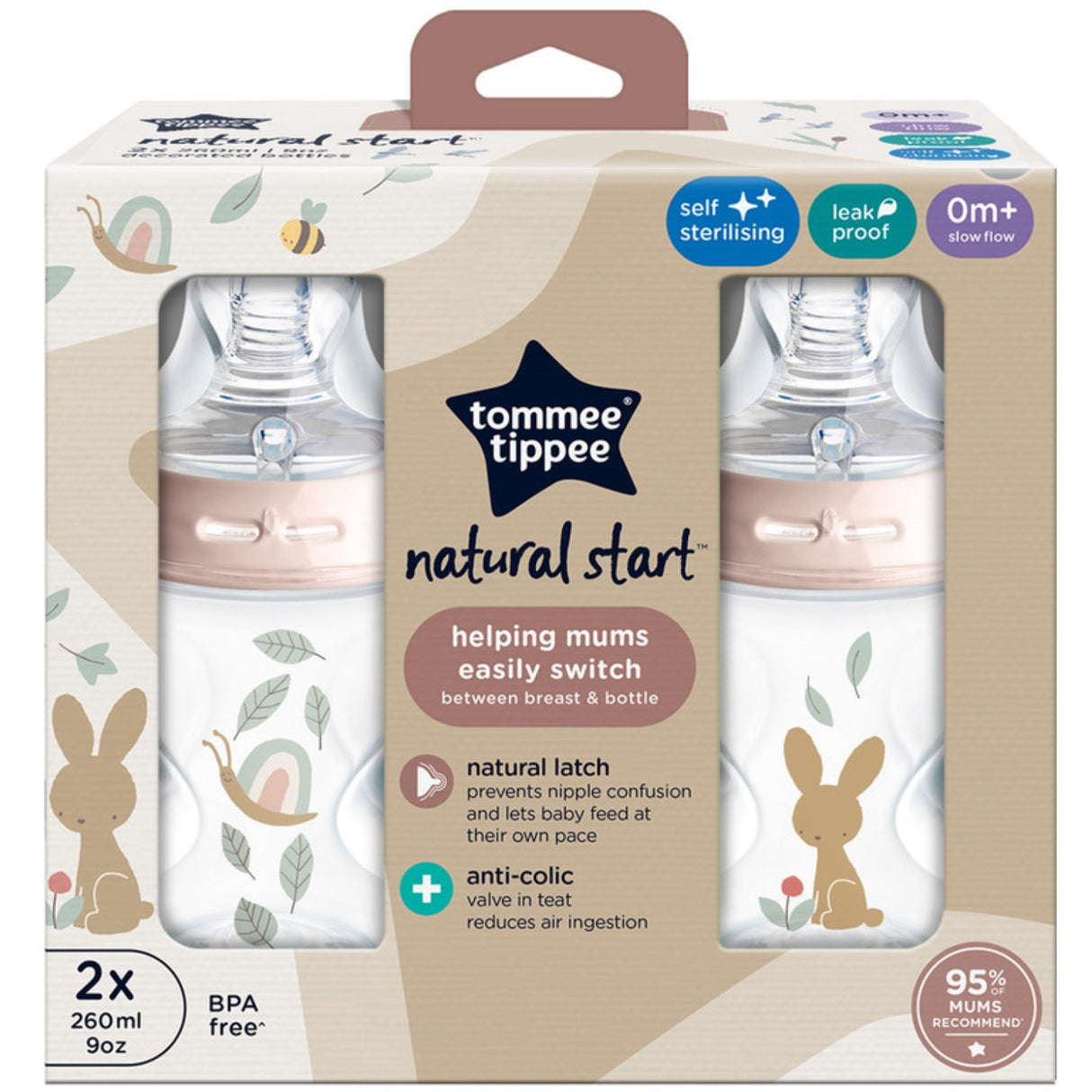 Tommee Tippee Natural Start Baby Bottle 2 X 260 Ml - Deco Pink