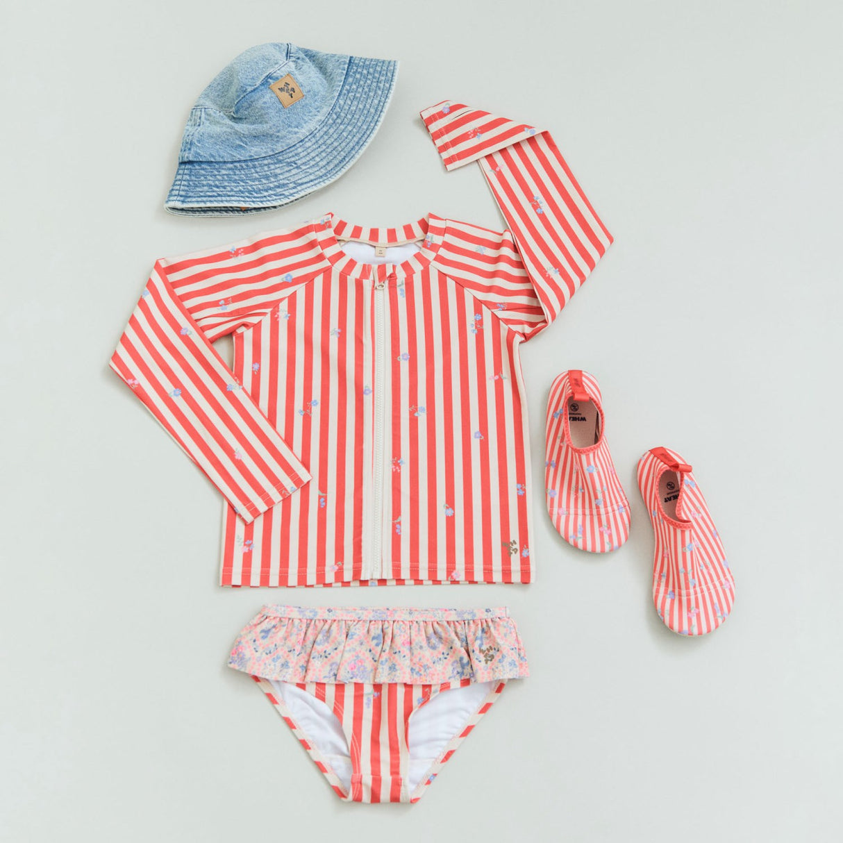 Wheat Red Stripe Flowers Swim T-shirt L/S Zip Ada