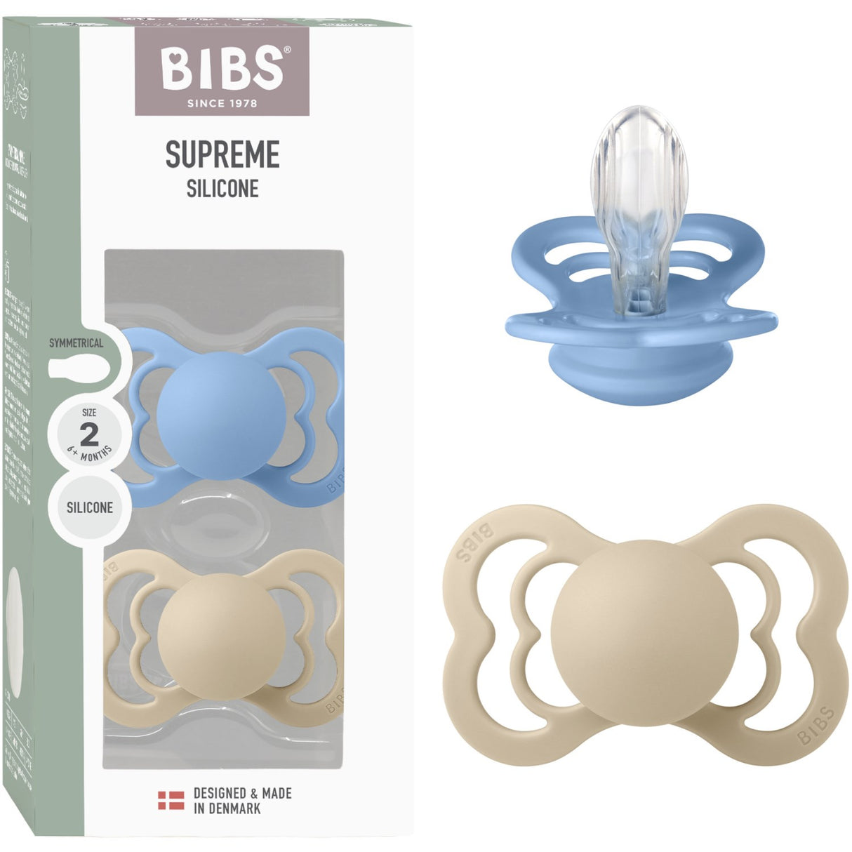 Bibs Vanilla/Sky Blue Pacifier Supreme 2-Pack Silicone