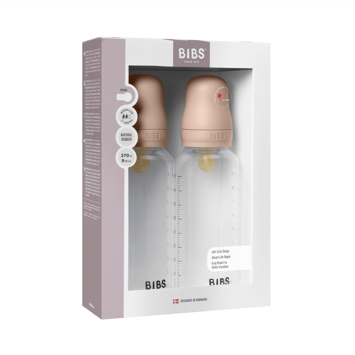 Bibs Blush Baby Bottle Round Latex 2-Pack 270 Ml Medium Flow
