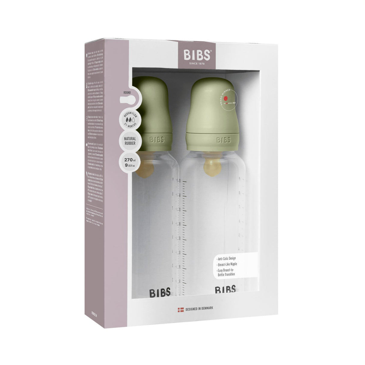 Bibs Sage Baby Bottle Round Latex 2-Pack 270 Ml Medium Flow