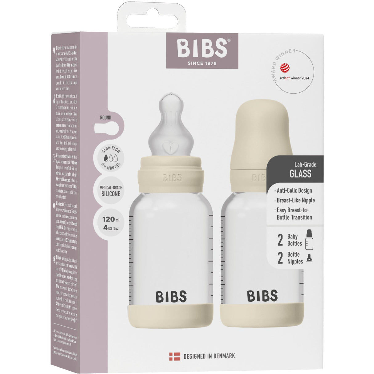 Bibs Ivory Glass Baby Bottle Round Silicone 2-Pack 120 Ml Slow Flow
