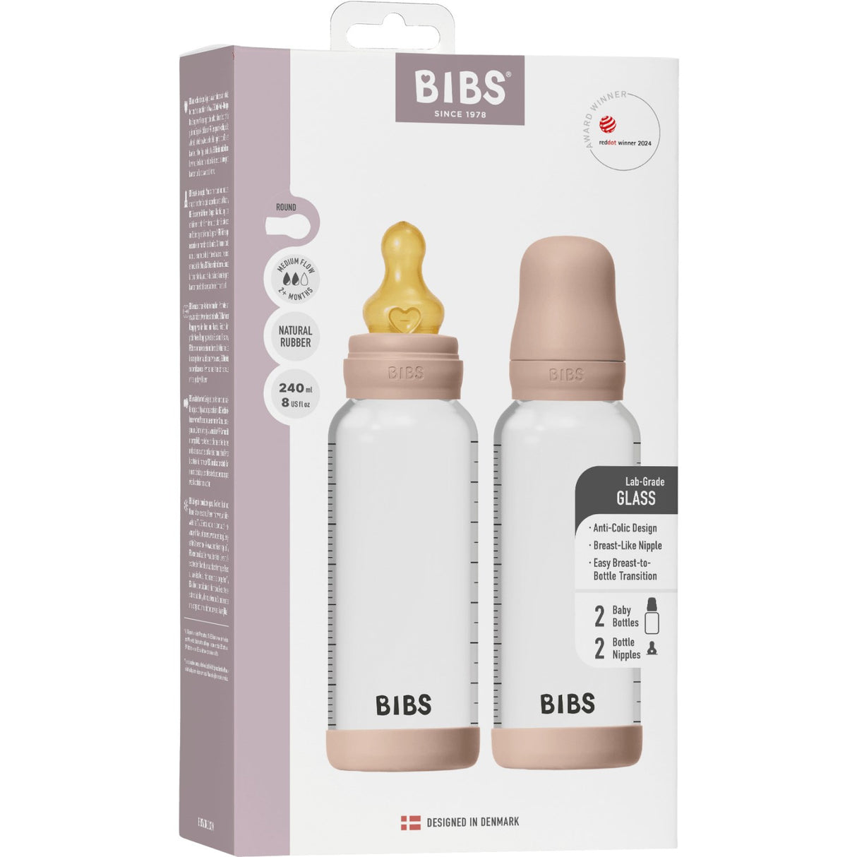Bibs Blush Glass Baby Bottle Round Latex 2-Pack 240 Ml Medium Flow