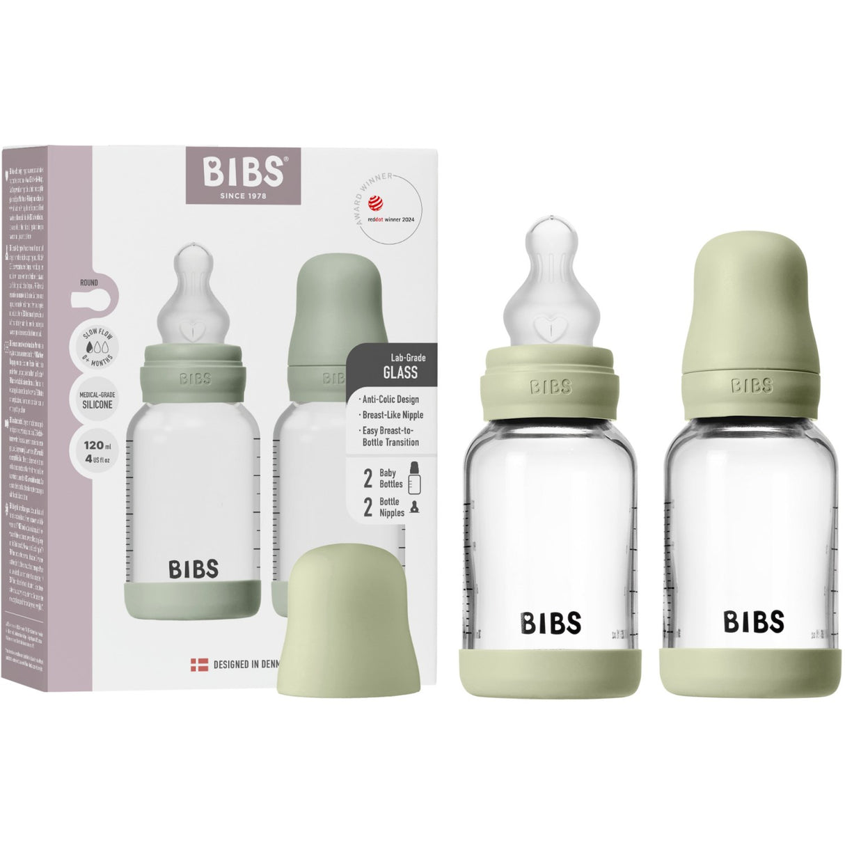 Bibs Sage Glass Baby Bottle Round Silicone 2-Pack 120 Ml Slow Flow