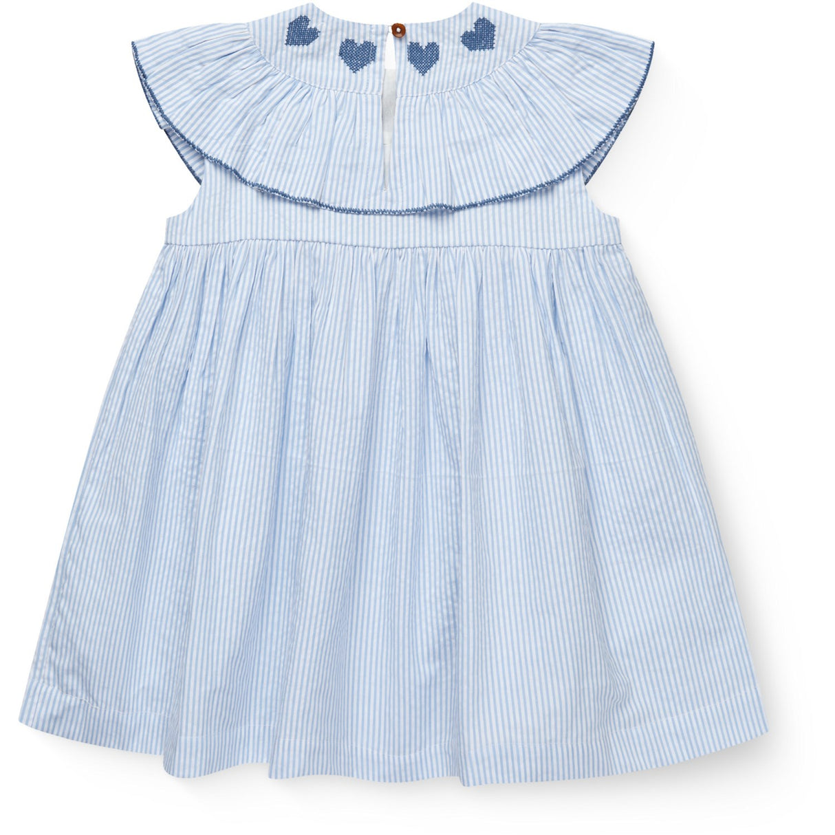 COPENHAGEN COLORS Sky Blue W Cream Stripe W Ocean Blue Seersucker Dress W. Heart