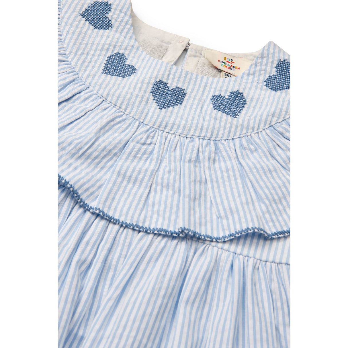 COPENHAGEN COLORS Sky Blue W Cream Stripe W Ocean Blue Seersucker Dress W. Heart