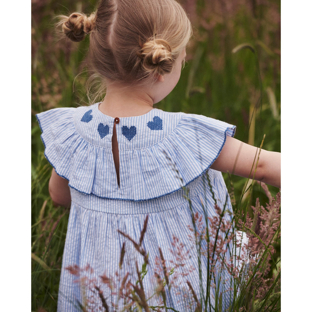 COPENHAGEN COLORS Sky Blue W Cream Stripe W Ocean Blue Seersucker Dress W. Heart