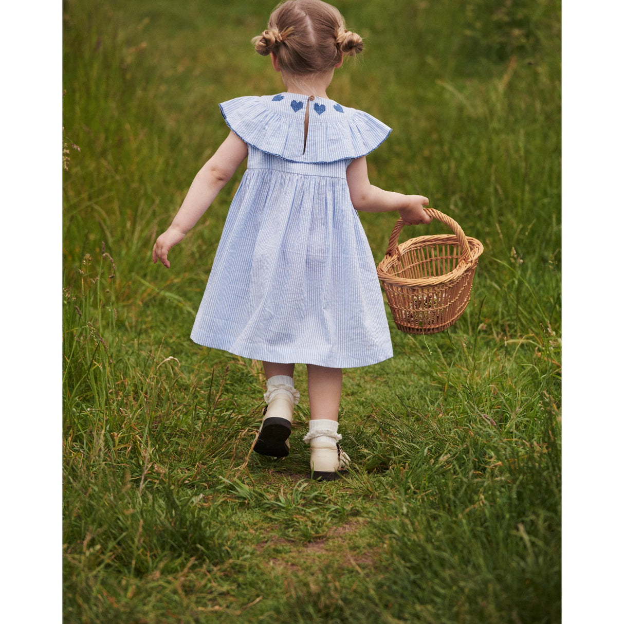 COPENHAGEN COLORS Sky Blue W Cream Stripe W Ocean Blue Seersucker Dress W. Heart