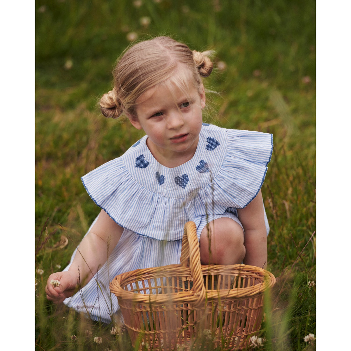 COPENHAGEN COLORS Sky Blue W Cream Stripe W Ocean Blue Seersucker Dress W. Heart