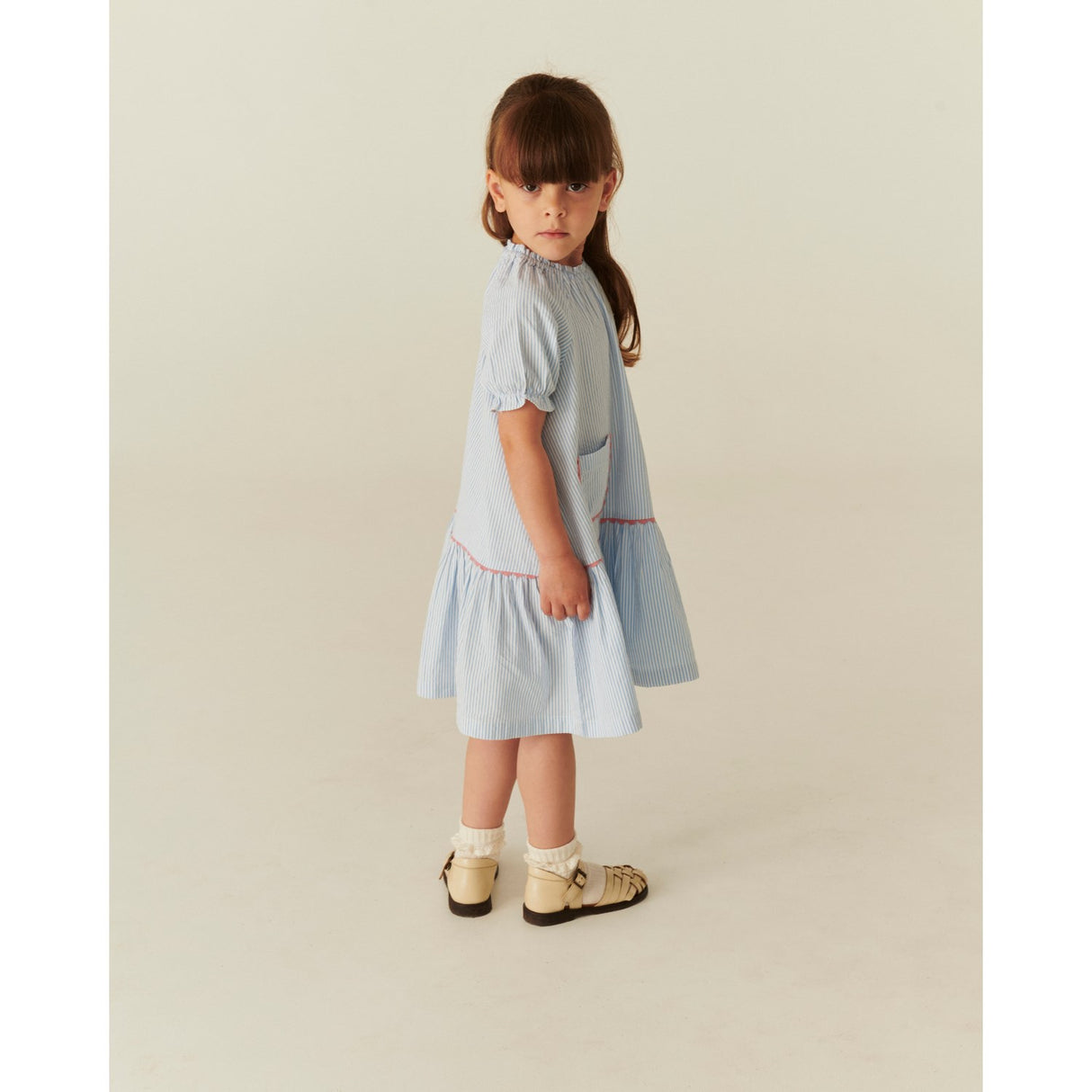 COPENHAGEN COLORS Sky Blue W Cream Stripe Seersucker Dress W. Pockets