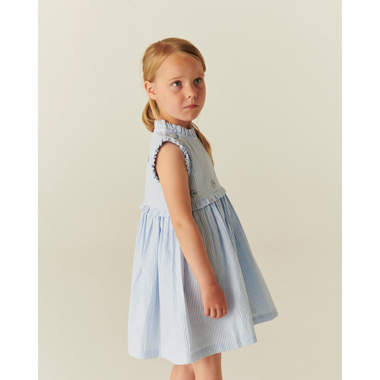COPENHAGEN COLORS Sky Blue W Cream Stripe Seersucker Dress W. Ruffles And Emb.