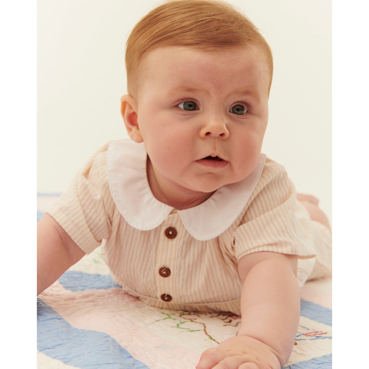 COPENHAGEN COLORS Dusty Rose W Cream Stripe Seersucker Romper W. Collar