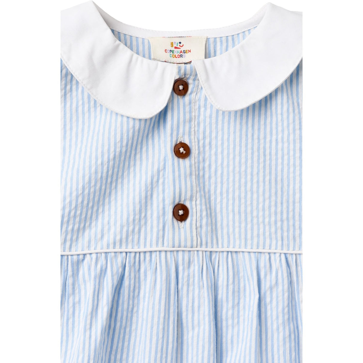 COPENHAGEN COLORS Sky Blue W Cream Stripe Seersucker Romper W. Collar
