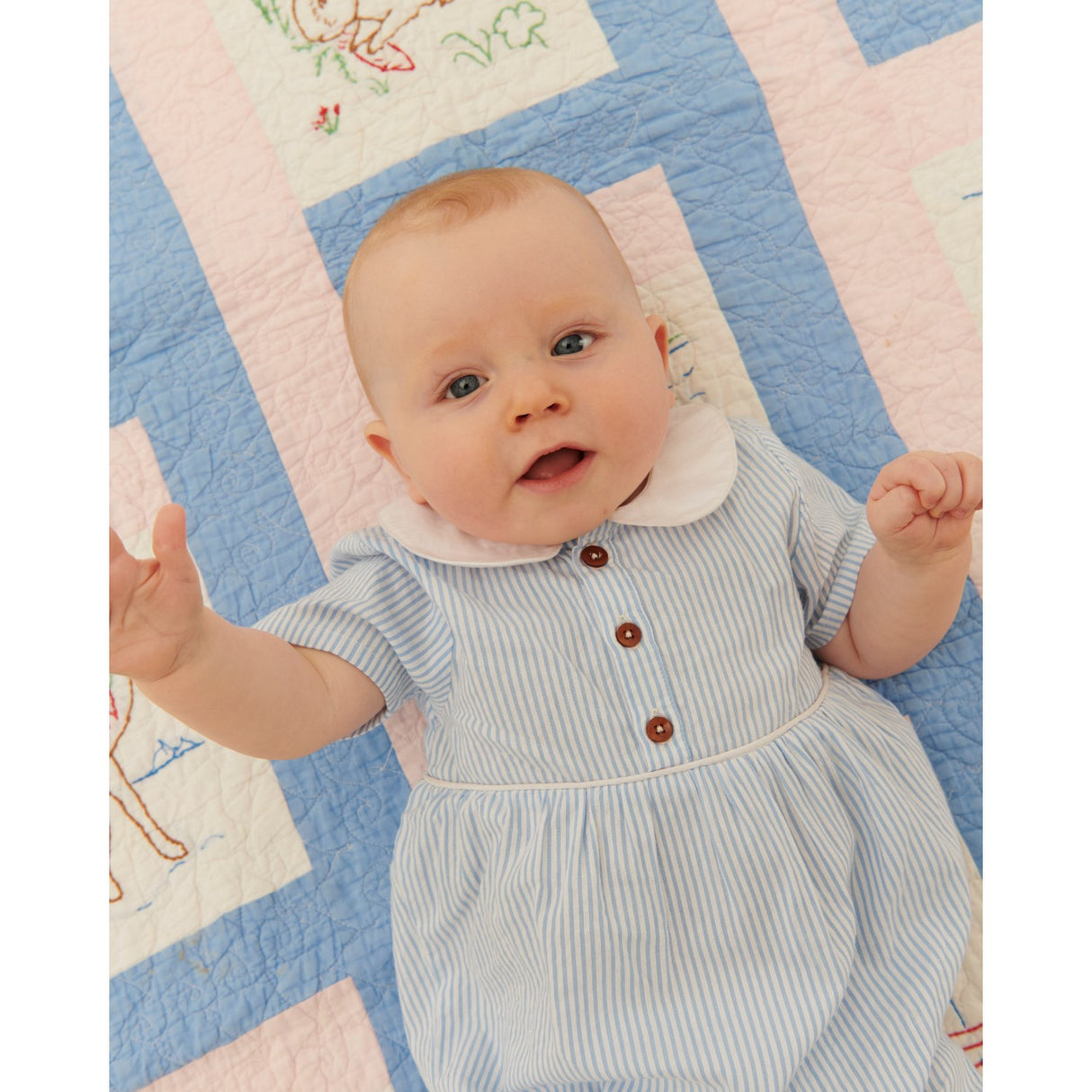 COPENHAGEN COLORS Sky Blue W Cream Stripe Seersucker Romper W. Collar