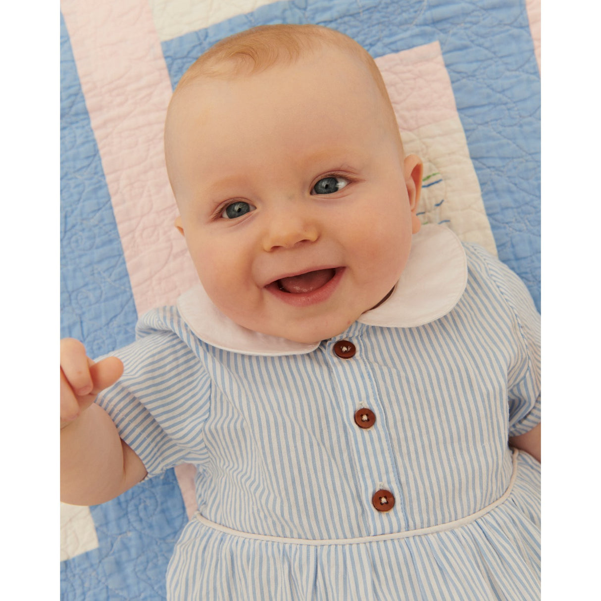 COPENHAGEN COLORS Sky Blue W Cream Stripe Seersucker Romper W. Collar