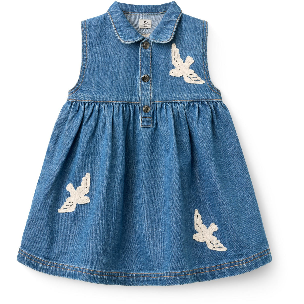 COPENHAGEN COLORS Indigo Blue Washed Denim Dress W. Crochet Doves