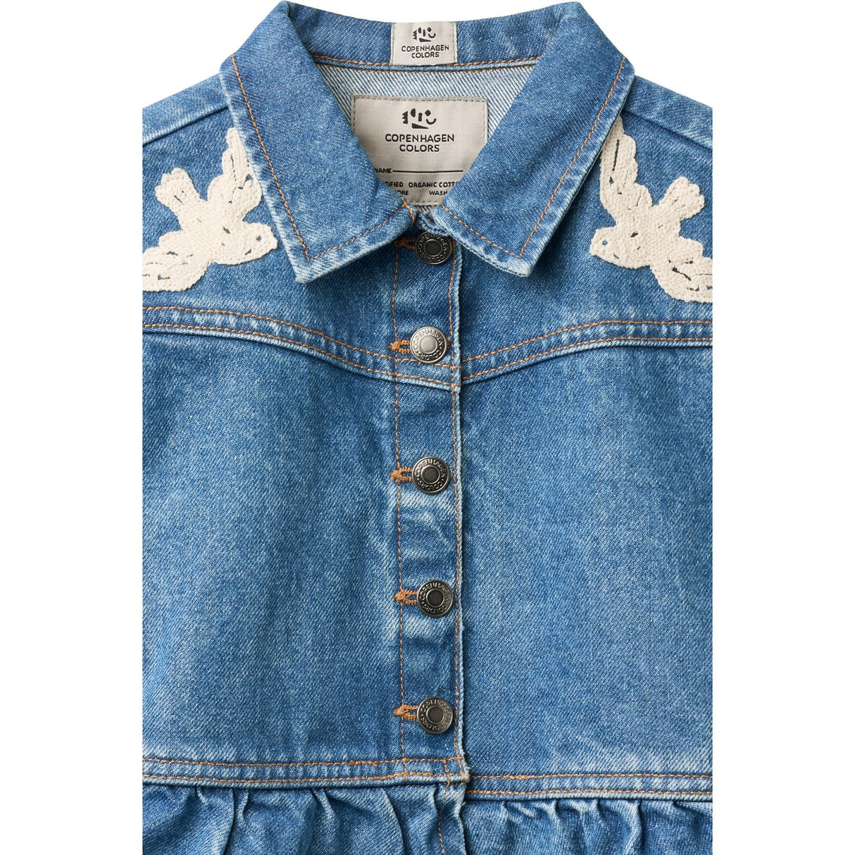 COPENHAGEN COLORS Indigo Blue Washed Denim Frill Jacket W. Crochet Doves