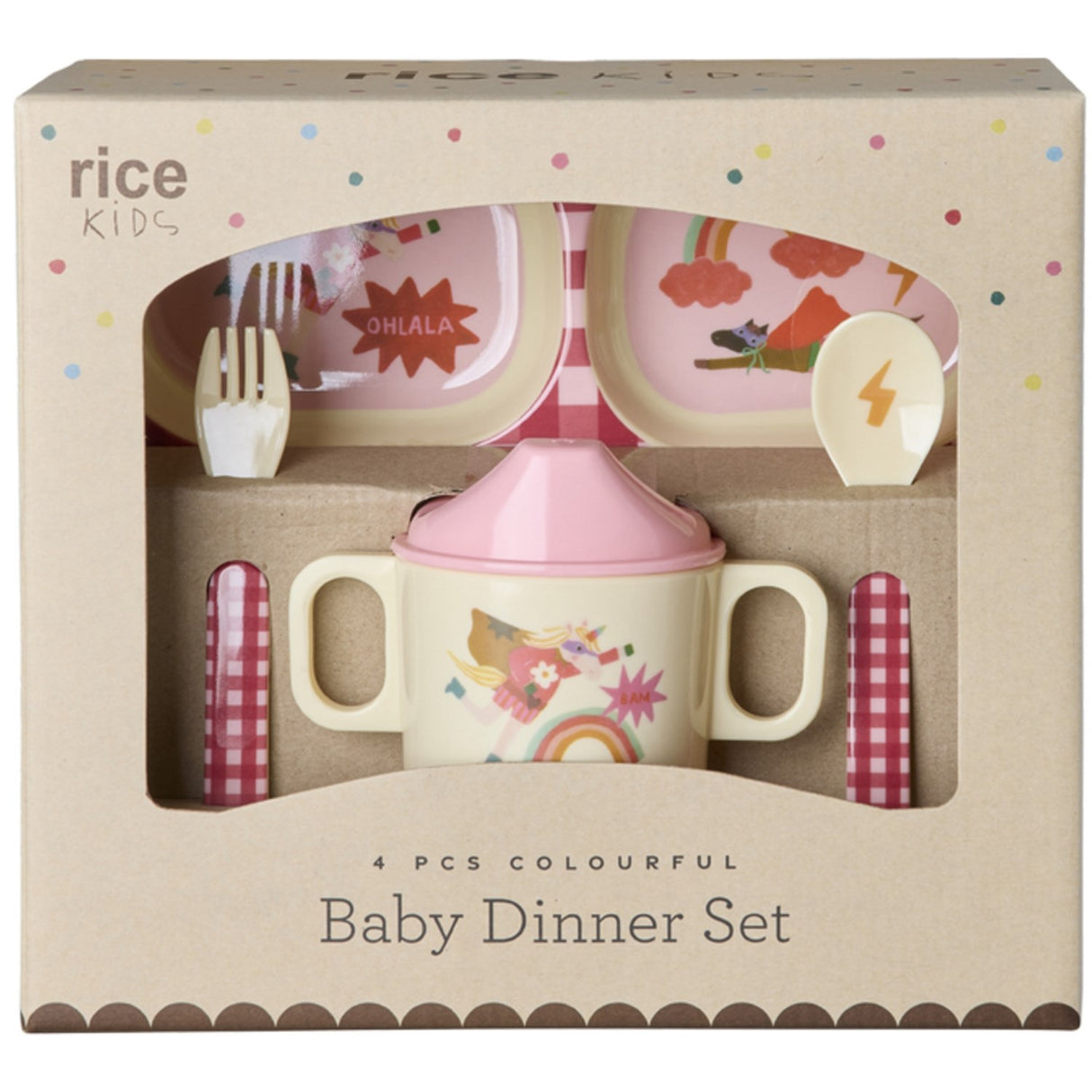 Rice Melamine Baby Dinner Set In Giftbox - Hero Print - Pink - 4 Pcs