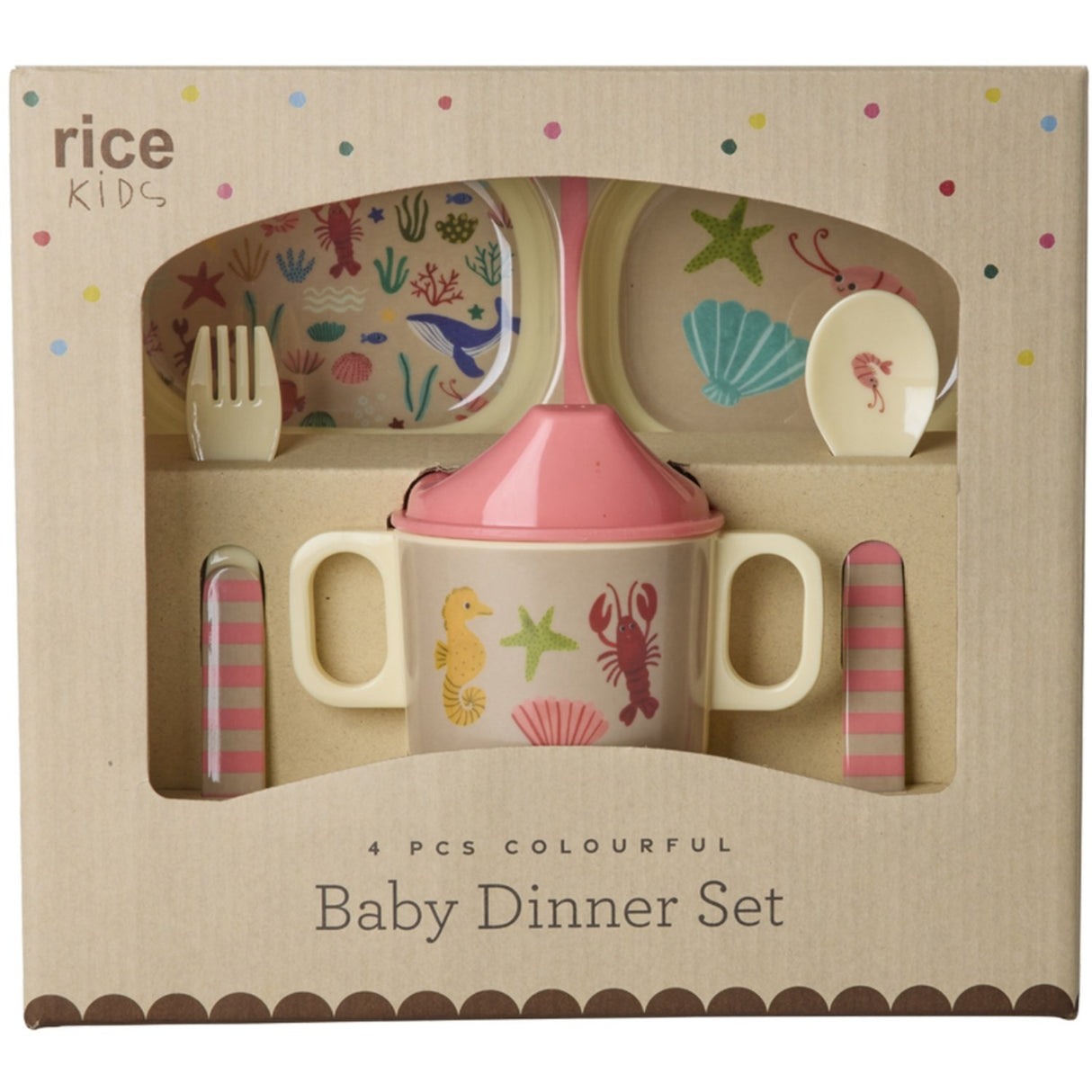 Rice Melamine Baby Dinner Set In Gift Box - Coral Ocean Print - 4 Pcs
