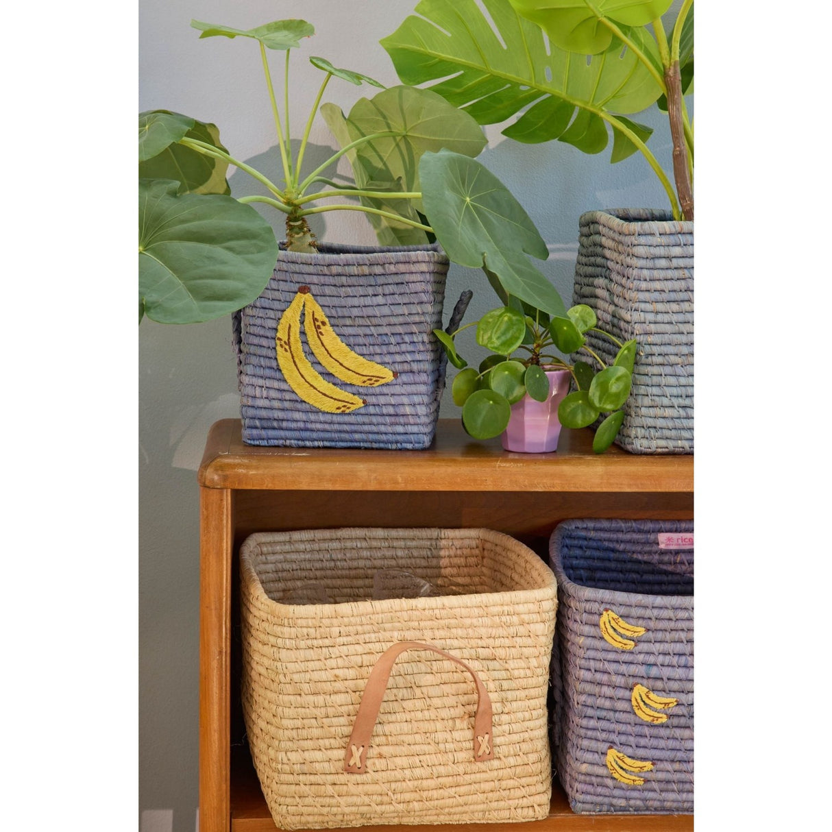 Rice Raffia Square Basket With Big Banana Embroidery And Raffia Handles - Small