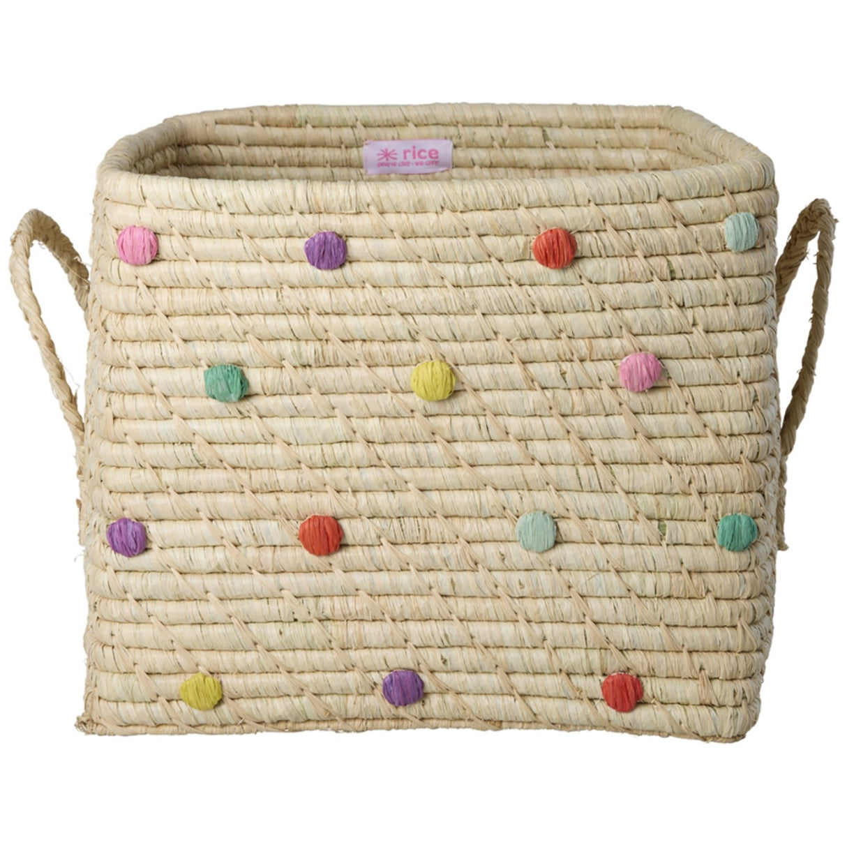 Rice Raffia Square Basket With Dots In Glory Days Colors