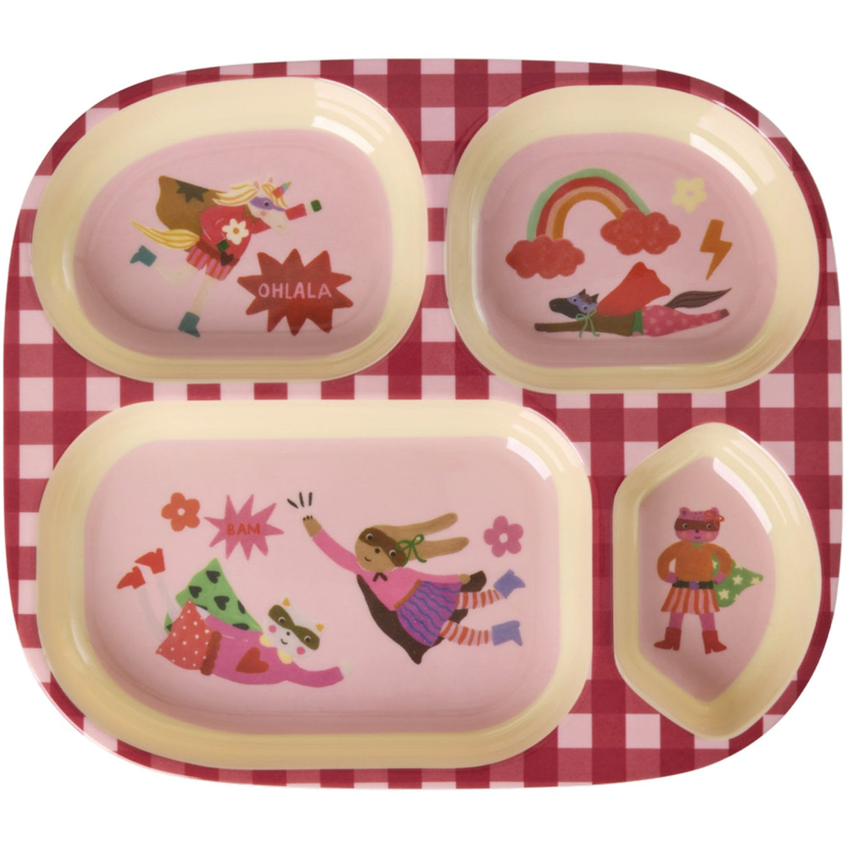 Rice Melamine Kids 4 Room Plate With Hero Print - Pink