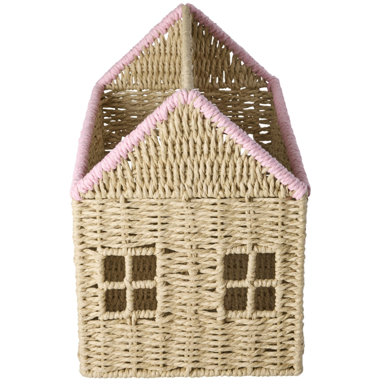 Rice Paper Rope Magazine Holder In House Shape With Pink Details