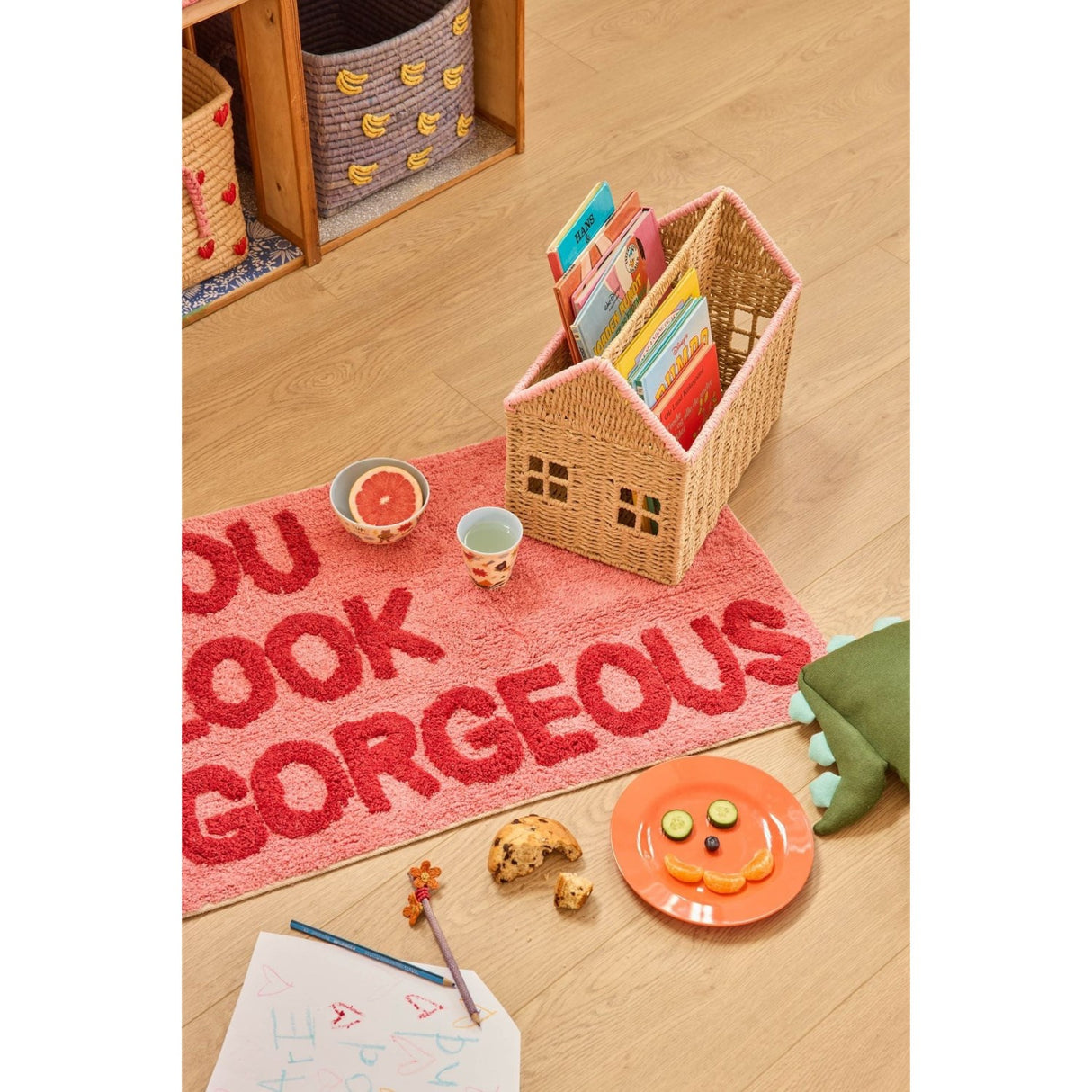 Rice Paper Rope Magazine Holder In House Shape With Pink Details