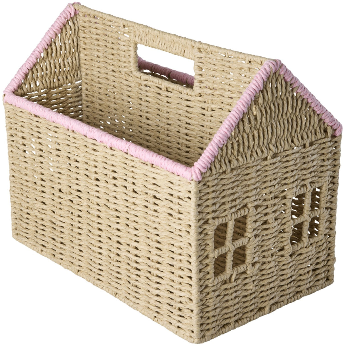 Rice Paper Rope Magazine Holder In House Shape With Pink Details