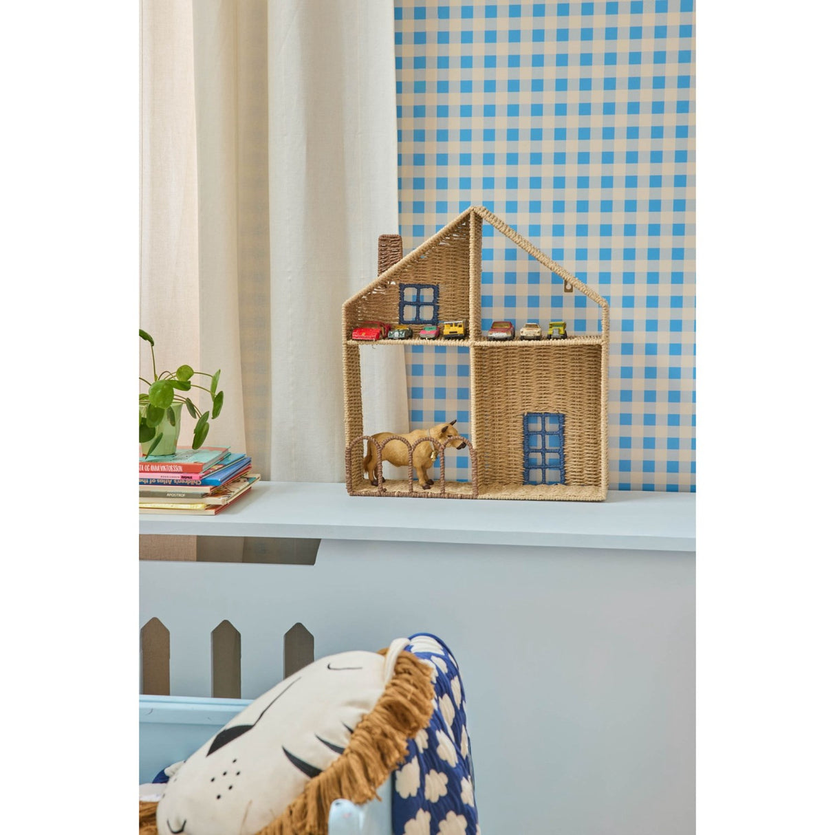 Rice Paper Rope Shelf In House Shape With Blue Details