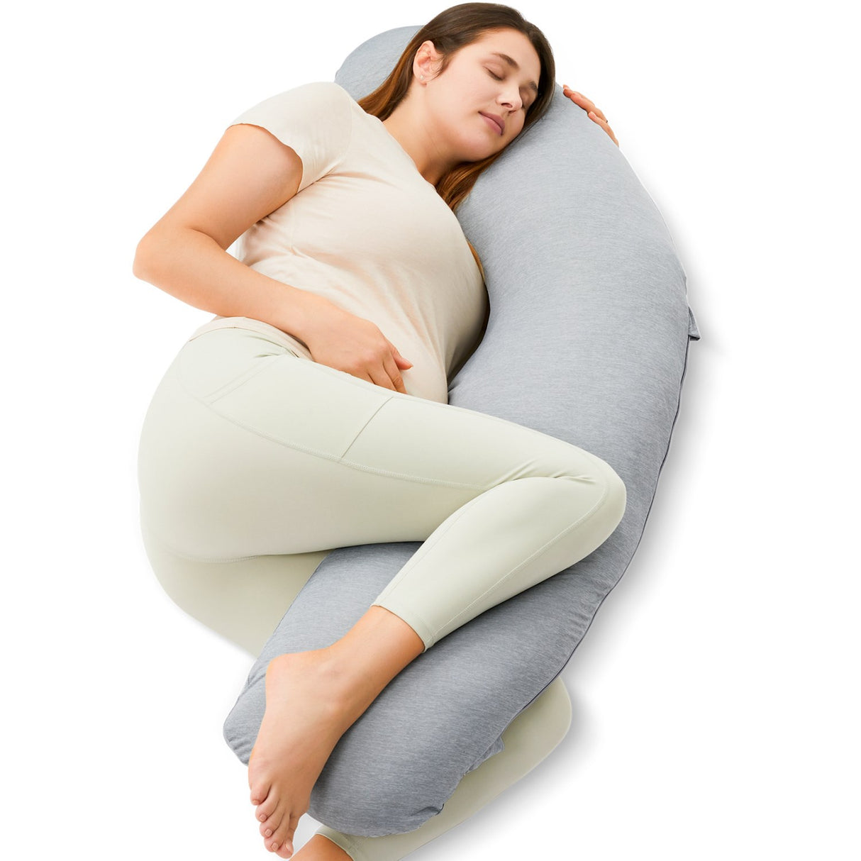 Momcozy Grey J Shaped Pregnancy Pillow Jersey Fabric