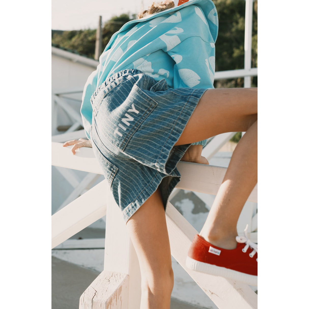 TinyCottons Light Wash Denim Stripes Denim Shorts