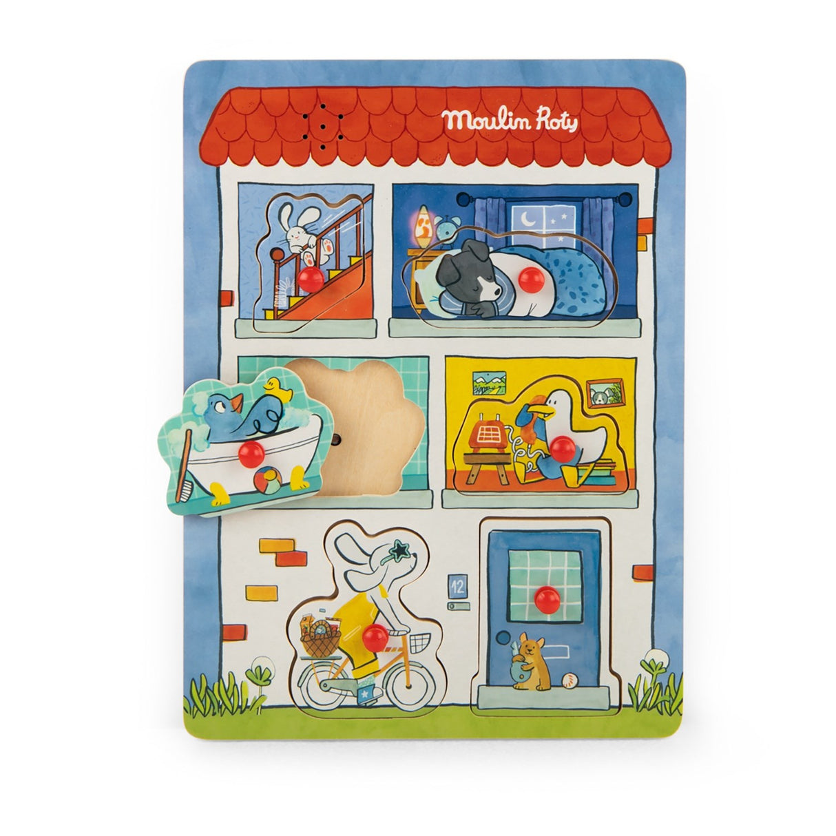 Moulin Roty Knob Puzzle with Sound 6 Fractions - Puce & Pilou