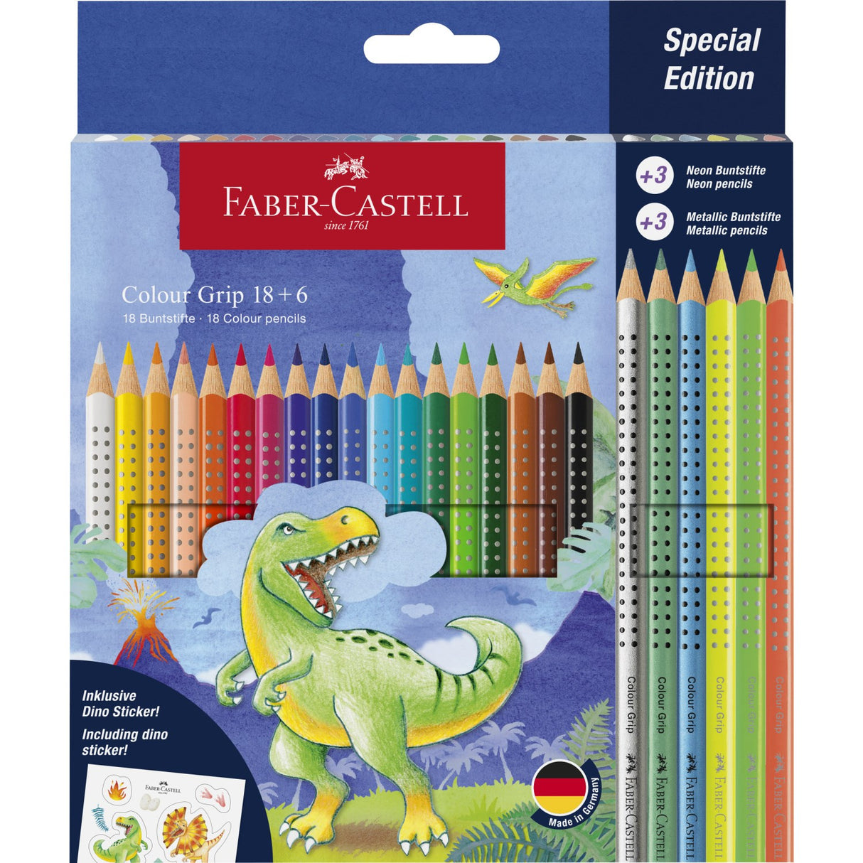 Faber-Castell 18+6 Grip Watercolor Crayons + Stickers, Dinosaur