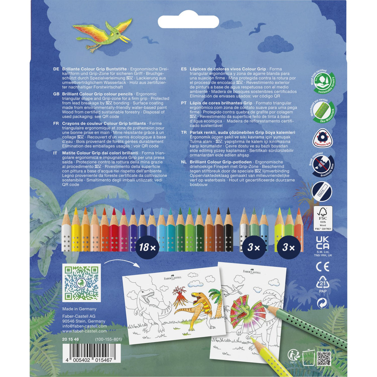 Faber-Castell 18+6 Grip Watercolor Crayons + Stickers, Dinosaur