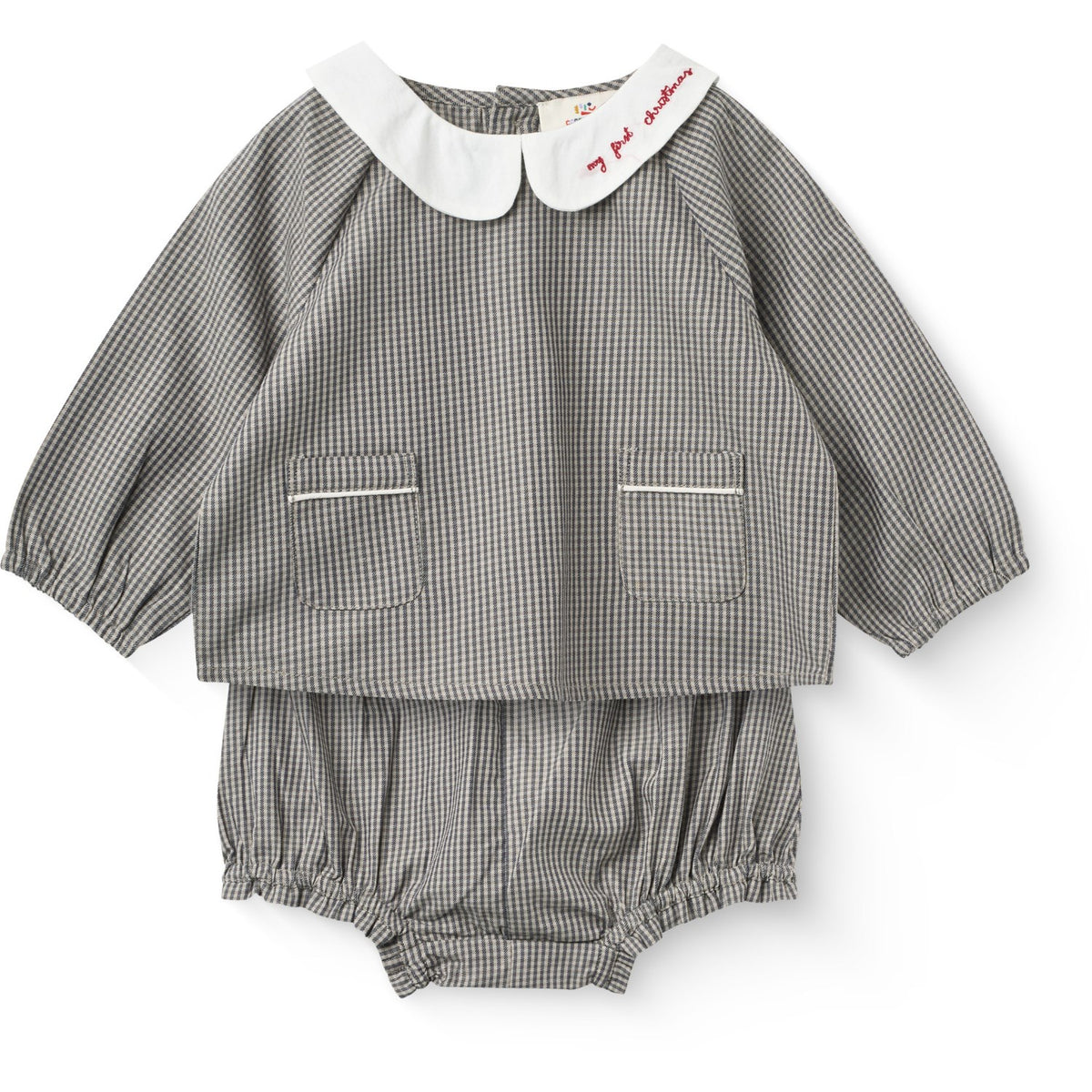 COPENHAGEN COLORS Grey Check Comb. Checkered Emb. Baby Set W. Blouse And Bloomers