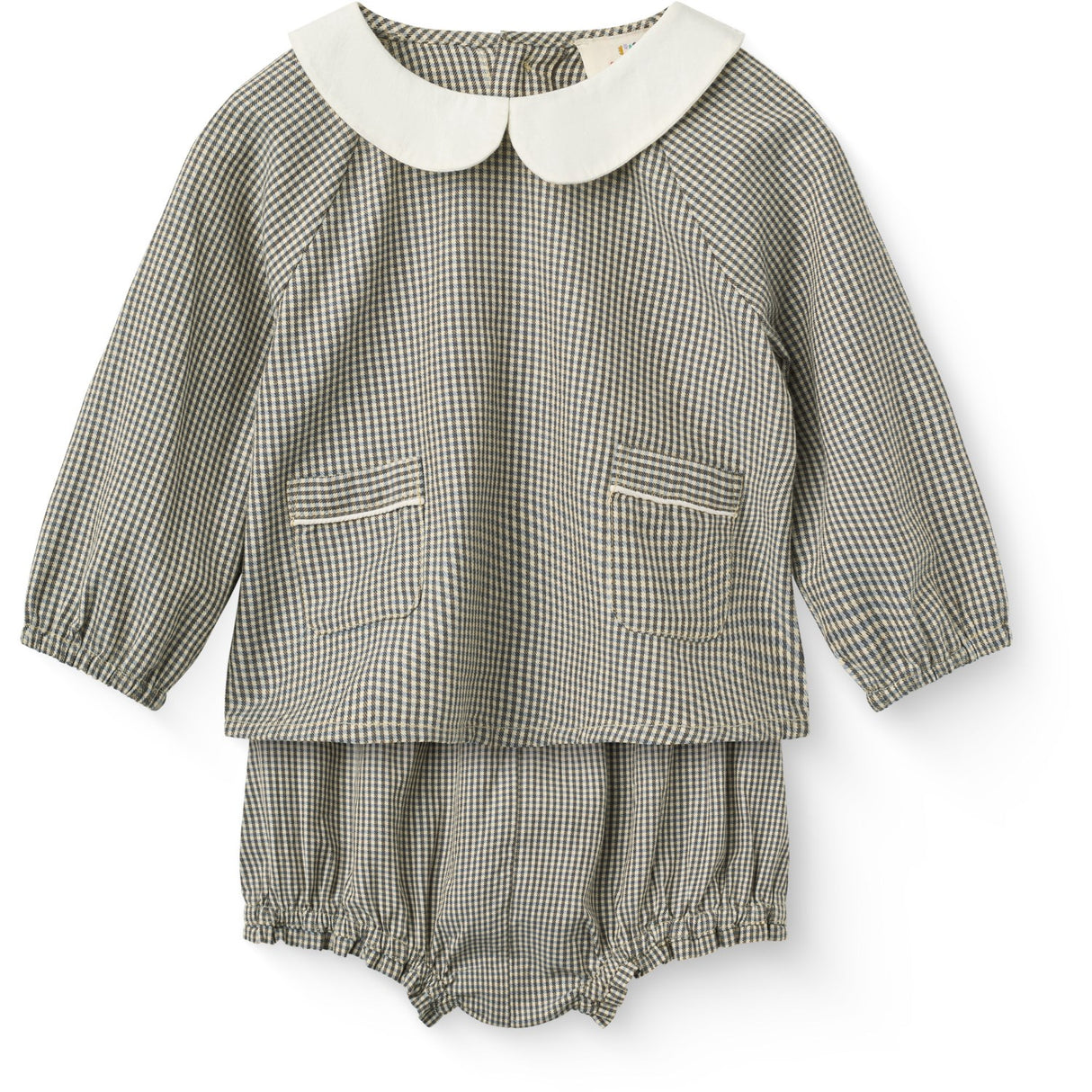 COPENHAGEN COLORS Brown/Sky Check Comb. Checkered Baby Set W. Blouse & Bloomers