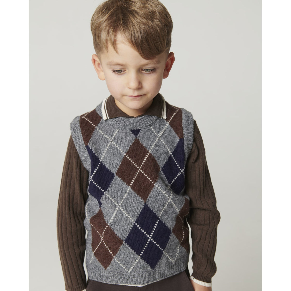 COPENHAGEN COLORS Grey Mel./Dk. Brown/Navy Comb. Argyle Knitted Vest