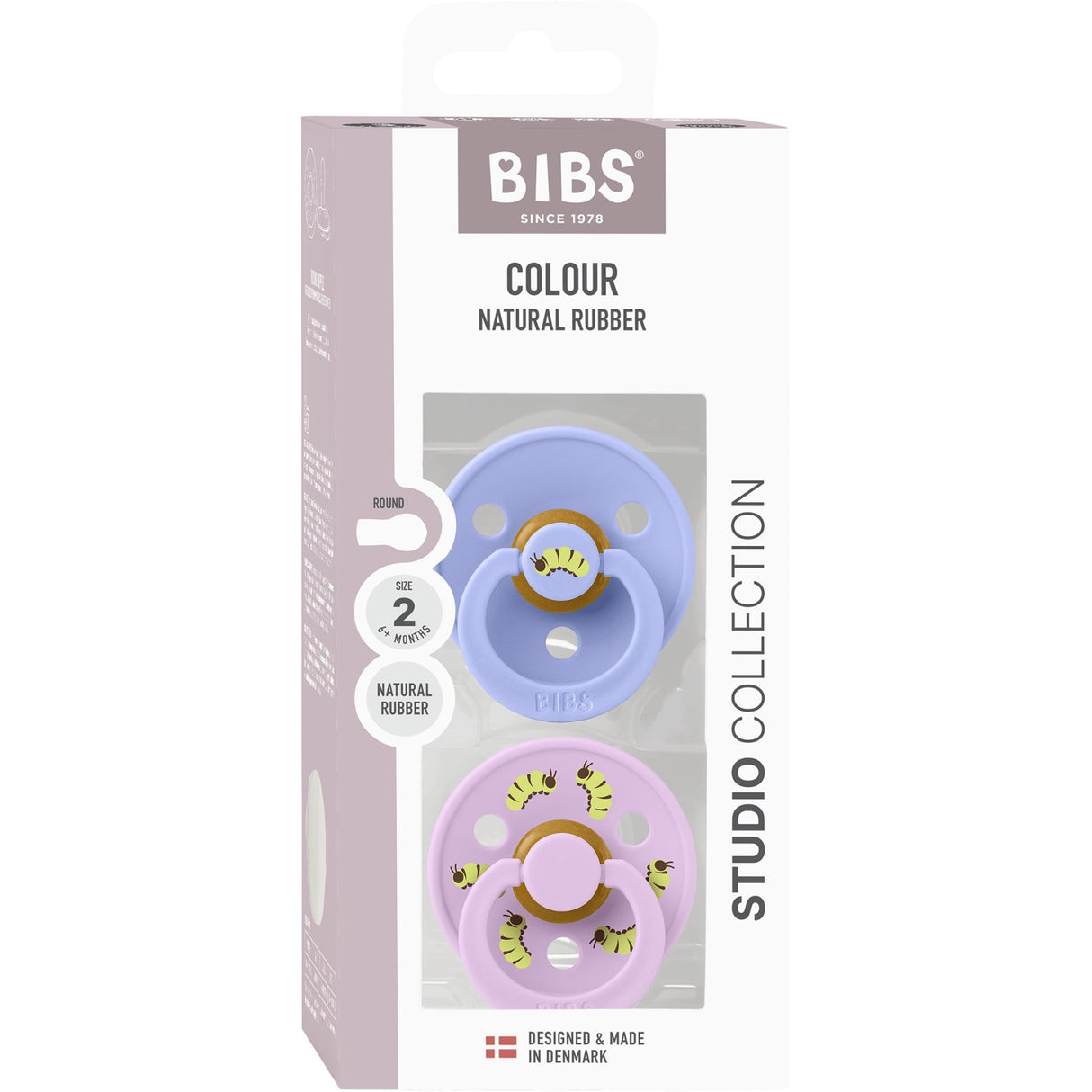 Bibs Hush / Violet Sky Studio Colour Pacifier Caterpillar Mix 2 Pack Latex Round